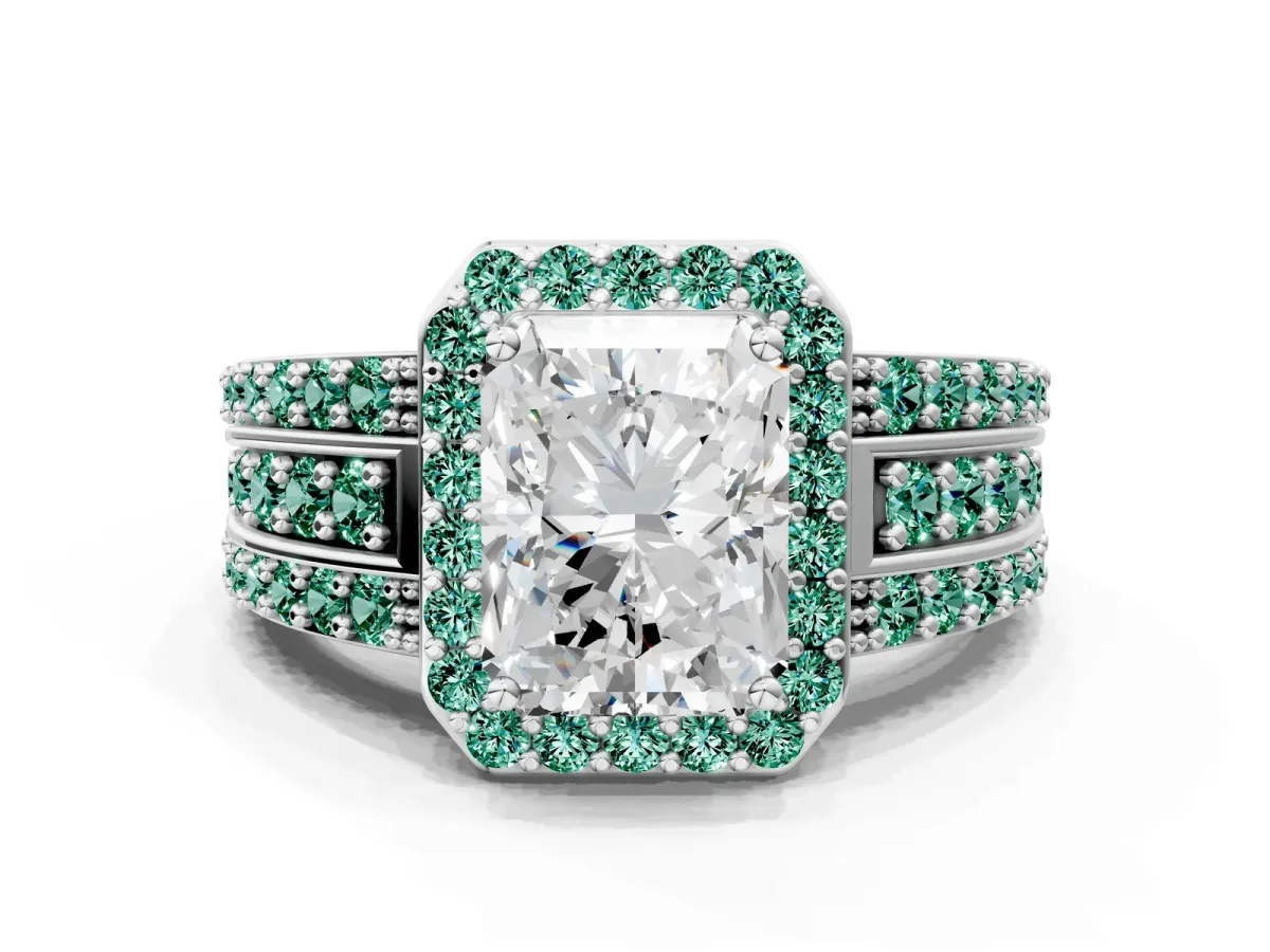 Radiant Cut Halo Diamond Ring with Round Green Sapphire Split Shank and Prong Setting Platinum