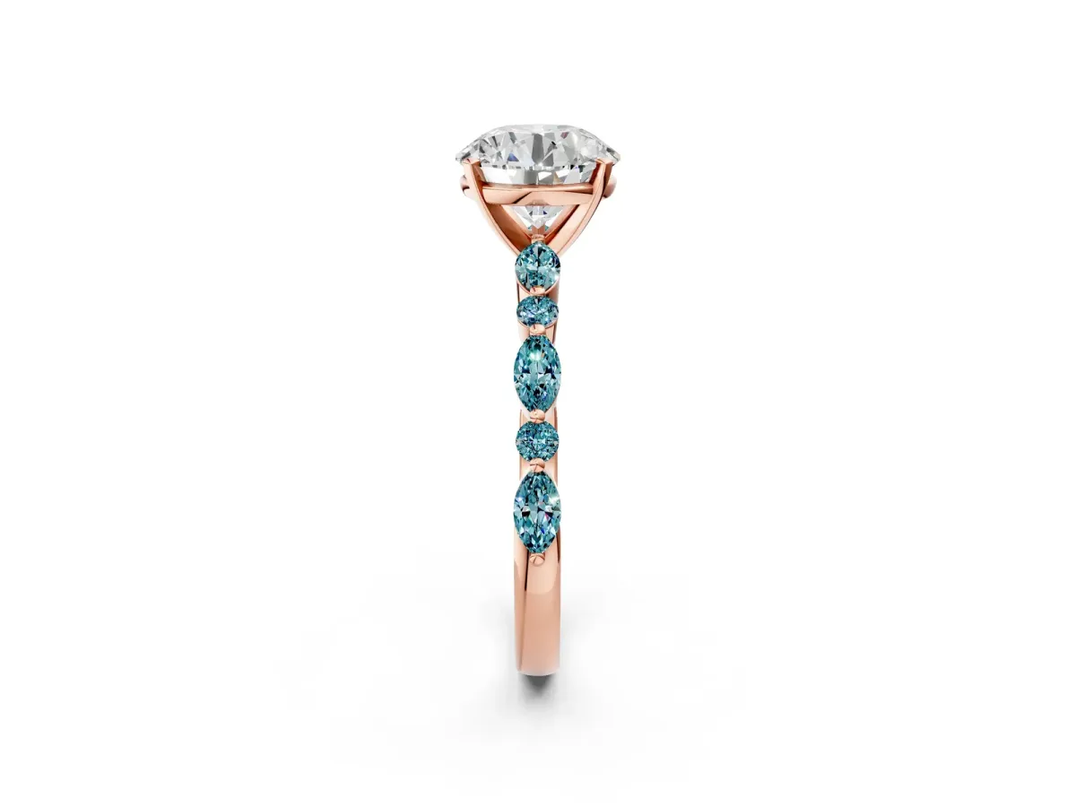 Round Cut Diamond Ring with Marquise and Round Blue Topaz Side Stones and Four-Prong Setting Rose gold