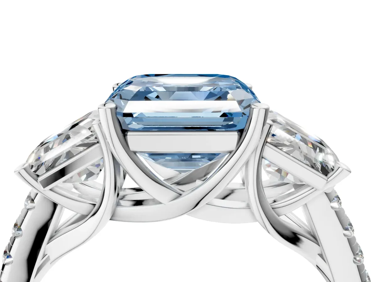 Fancy Blue Three-Stone Asscher Cut Diamond Ring with Round Pavé Band and Prong Setting White gold