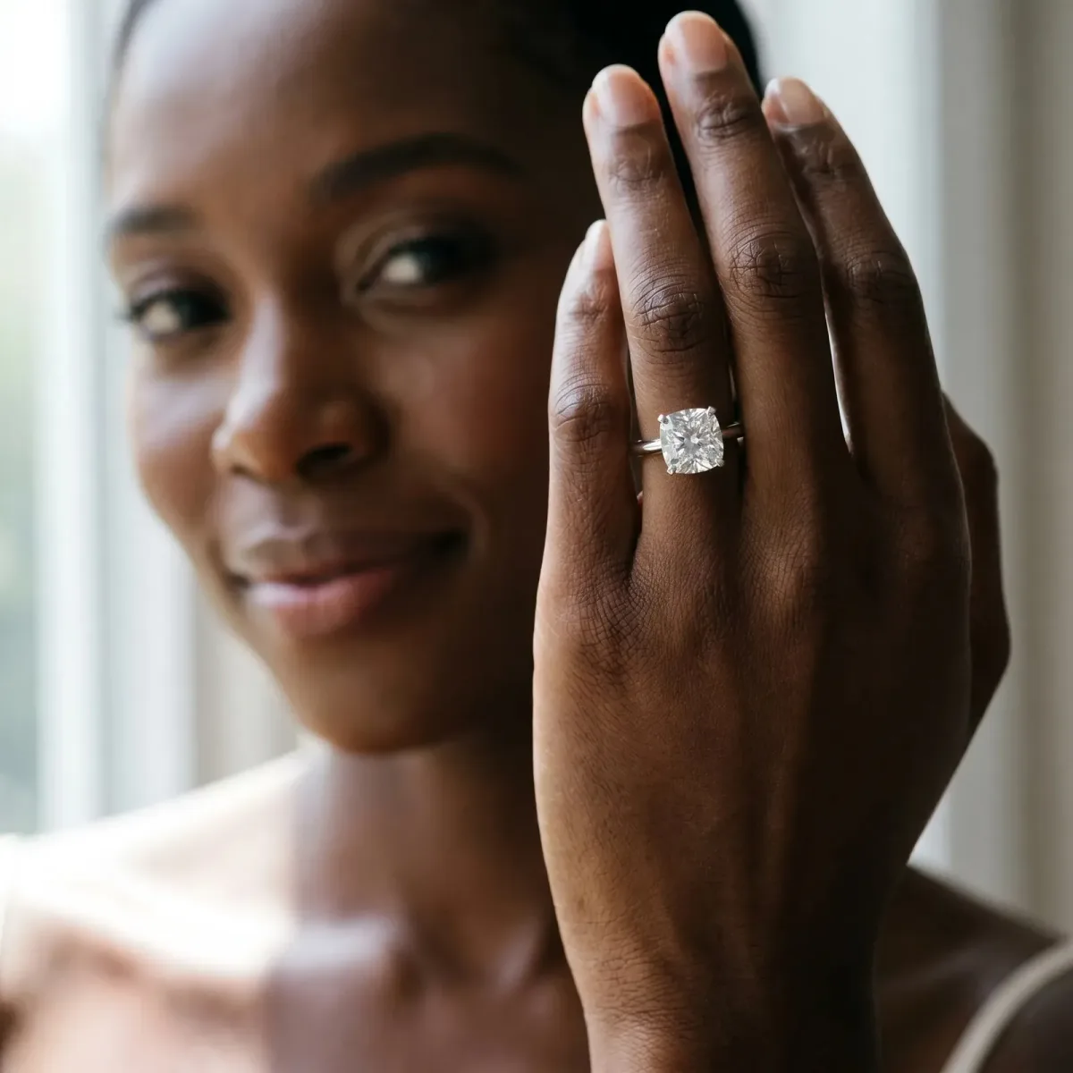 Cushion Cut Diamond Solitaire Engagement Ring with Classic Band and Four-Prong Setting Silver
