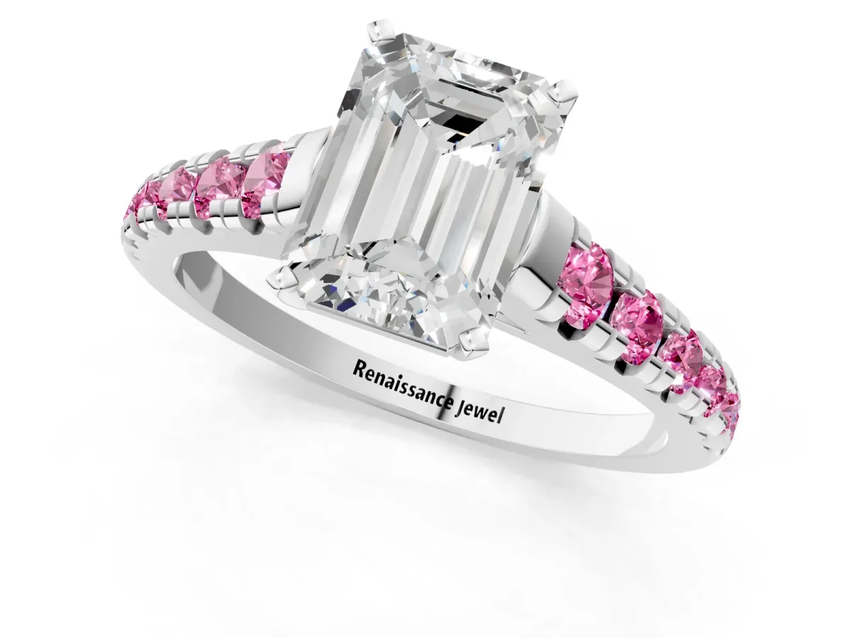 Emerald Cut Diamond Cathedral Solitaire Ring with Round Pink Sapphire Pavé Band Platinum