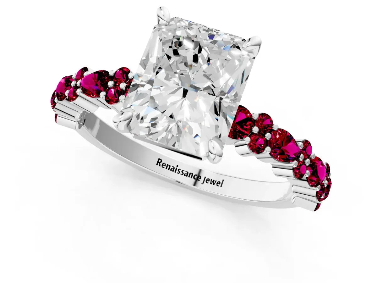 Radiant Cut Diamond Side Stone Solitaire Ring with Round Garnet and Four-Prong Setting Platinum