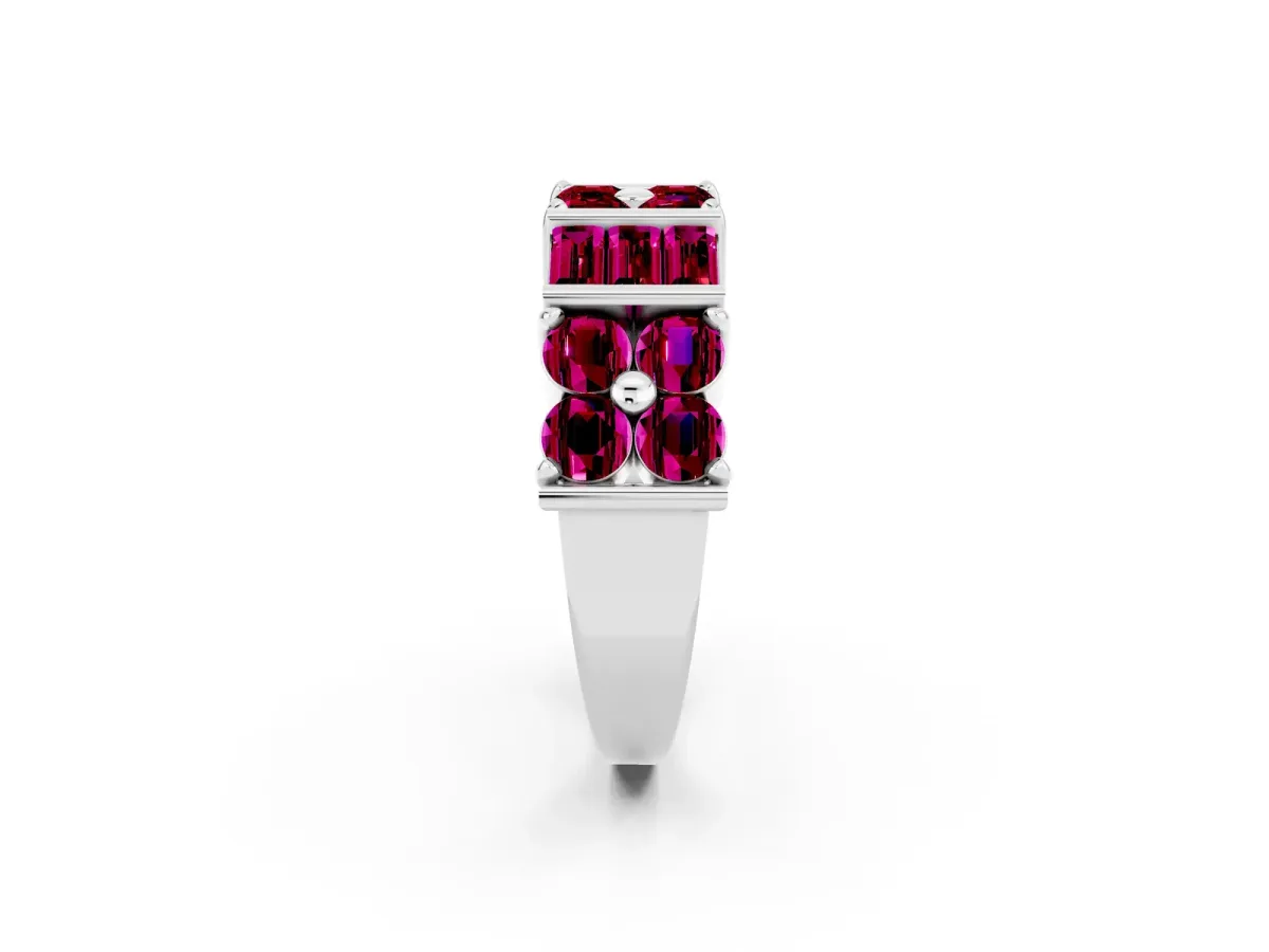 Channel Set Round and Baguette Garnet Anniversary Band with Prong Setting Platinum