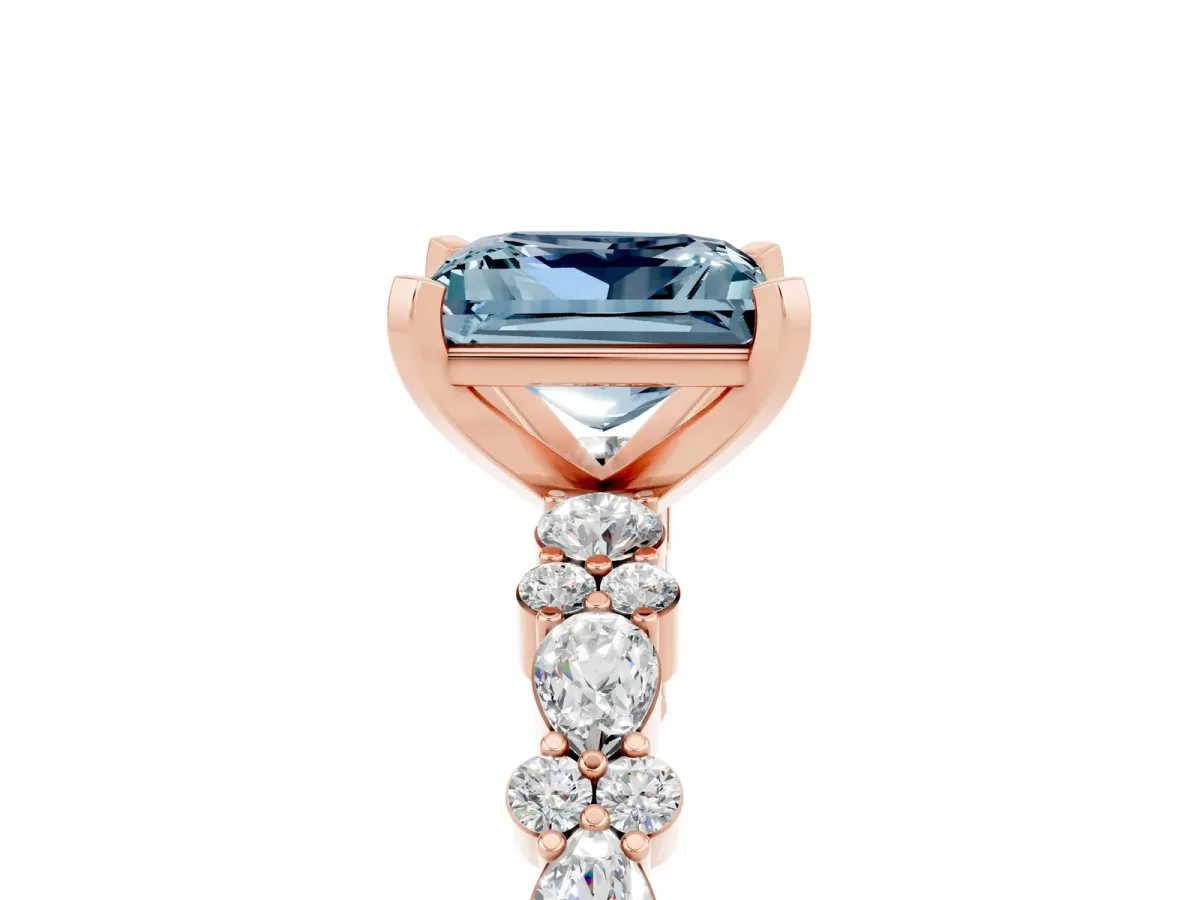 Princess Cut Aquamarine Side Stone Solitaire Ring with Round and Four-Prong Setting Rose gold