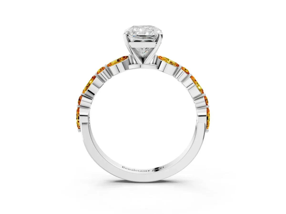 Radiant Cut Diamond Ring with Marquise and Round Citrine Side Stones and Four-Prong Setting Silver