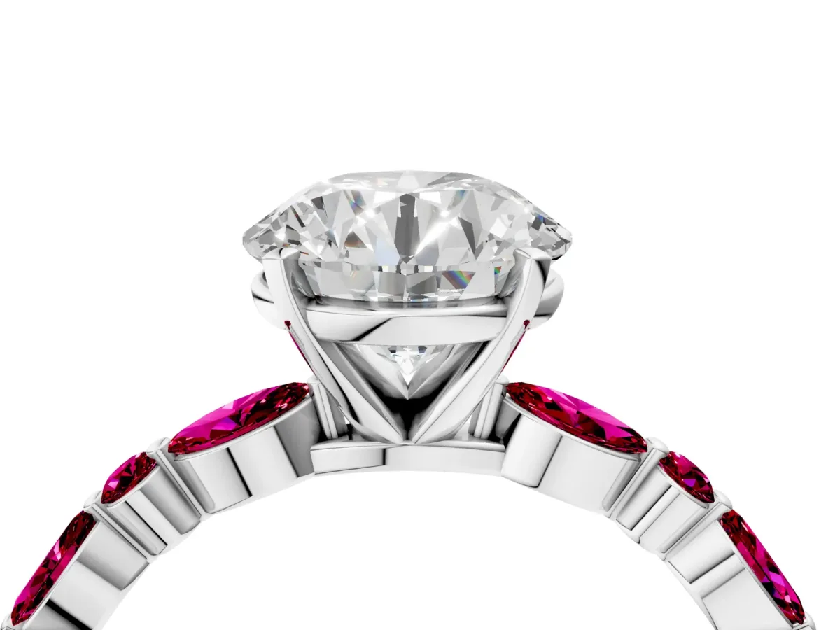 Round Cut Diamond Ring with Marquise and Round Garnet Side Stones and Four-Prong Setting Platinum