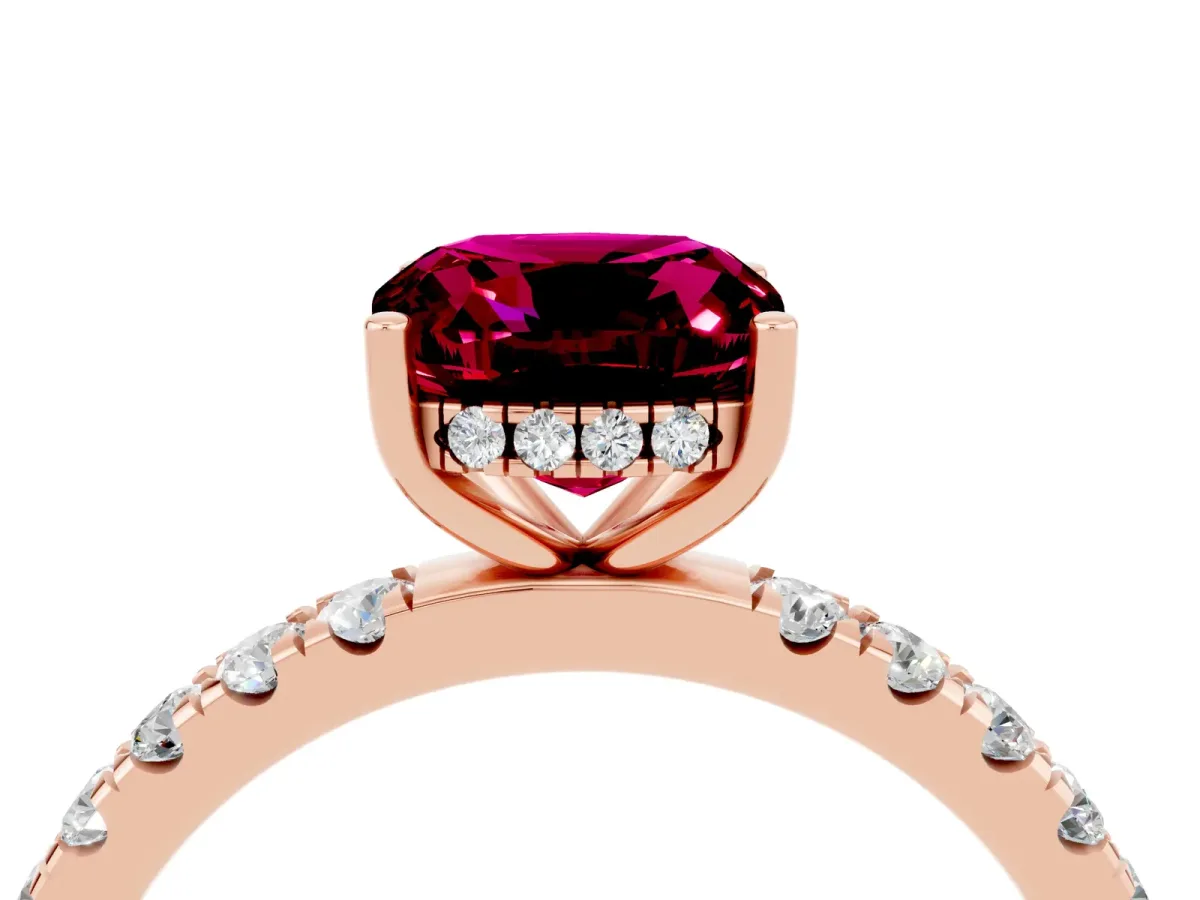Cushion Cut Garnet Pave Band Solitaire Ring with Round and Prong Setting Rose gold