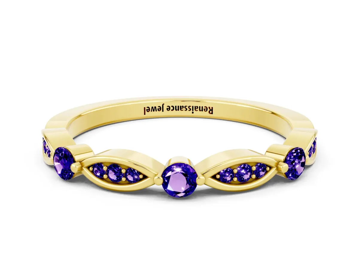 Marquise and Round Tanzanite Milgrain Band with Bezel Setting Yellow gold