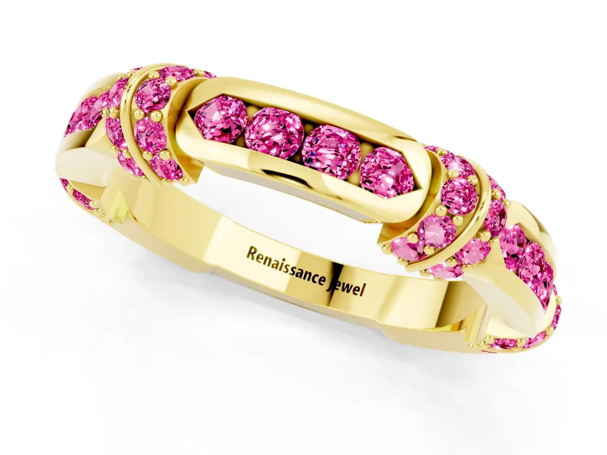 Pavé Round Pink Sapphire Link Band with Bezel Setting Yellow gold