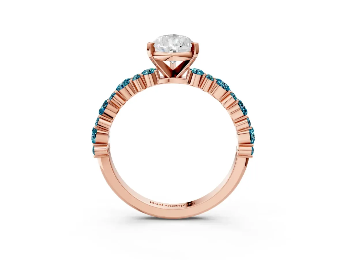 Pear Cut Diamond Side Stone Solitaire Ring with Round Blue Topaz and Four-Prong Setting Rose gold