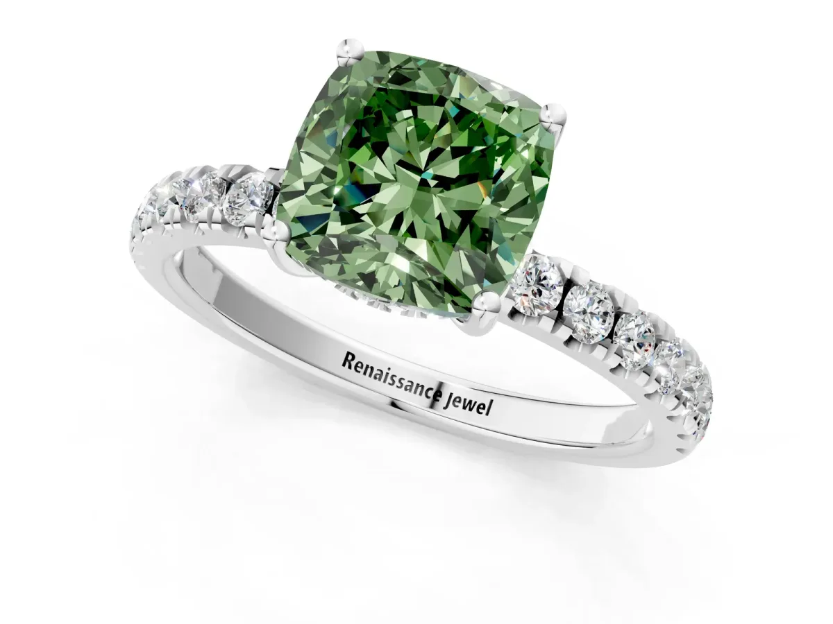 Fancy Green Cushion Cut Diamond Pave Band Solitaire Ring with Round and Prong Setting Platinum