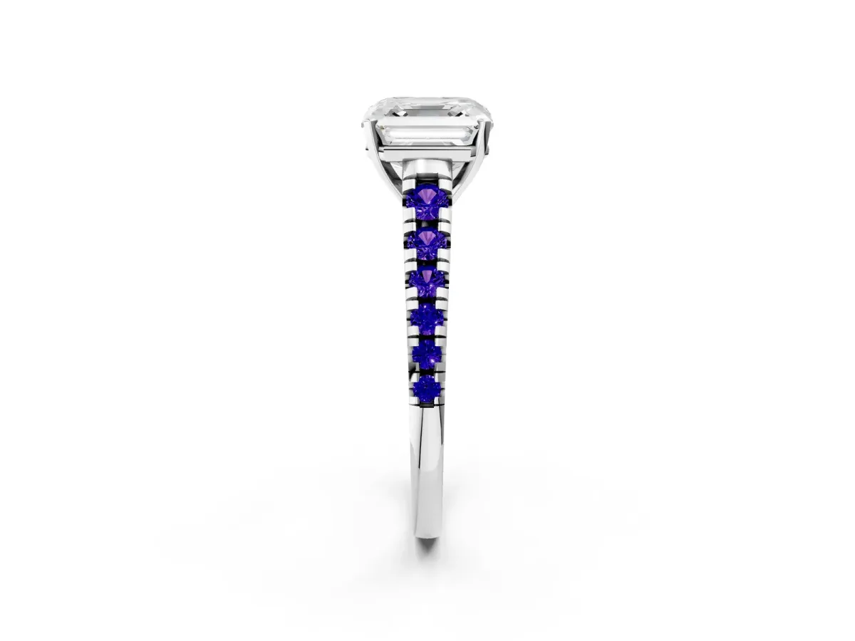 Asscher Cut Diamond Cathedral Solitaire Ring with Round Tanzanite Pavé Band Platinum