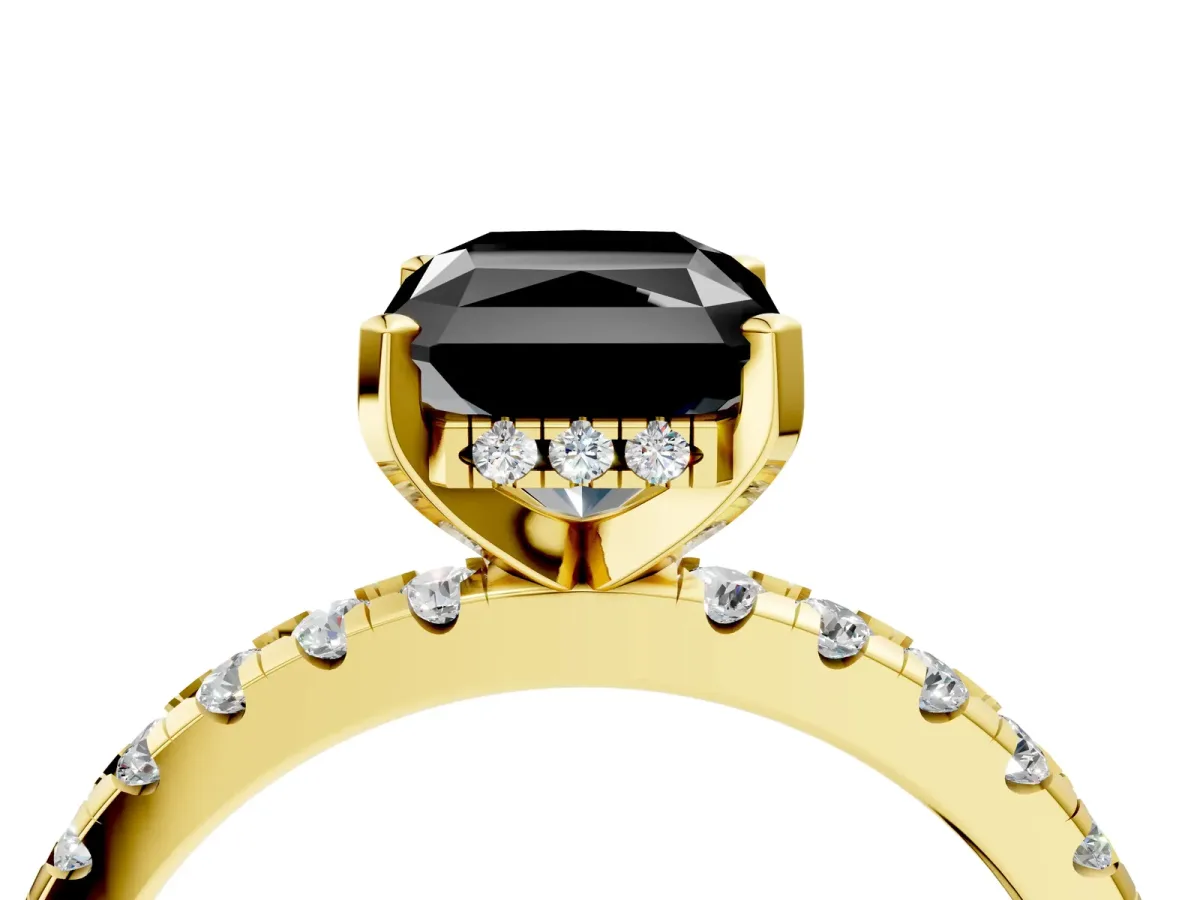 Fancy Black Radiant Cut Diamond Solitaire Ring with Round Pavé Band and Four-Prong Setting Yellow gold