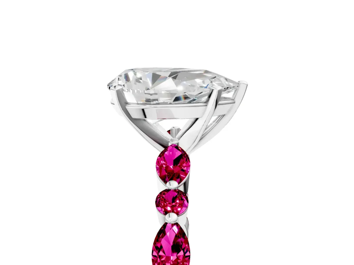 Pear Cut Diamond Ring with Marquise and Round Garnet Side Stones and Four-Prong Setting Silver