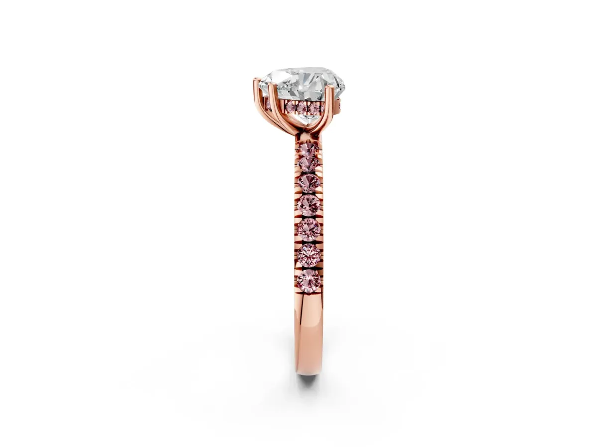 Heart Cut Diamond Pave Band Solitaire Ring with Round Morganite and Prong Setting Rose gold