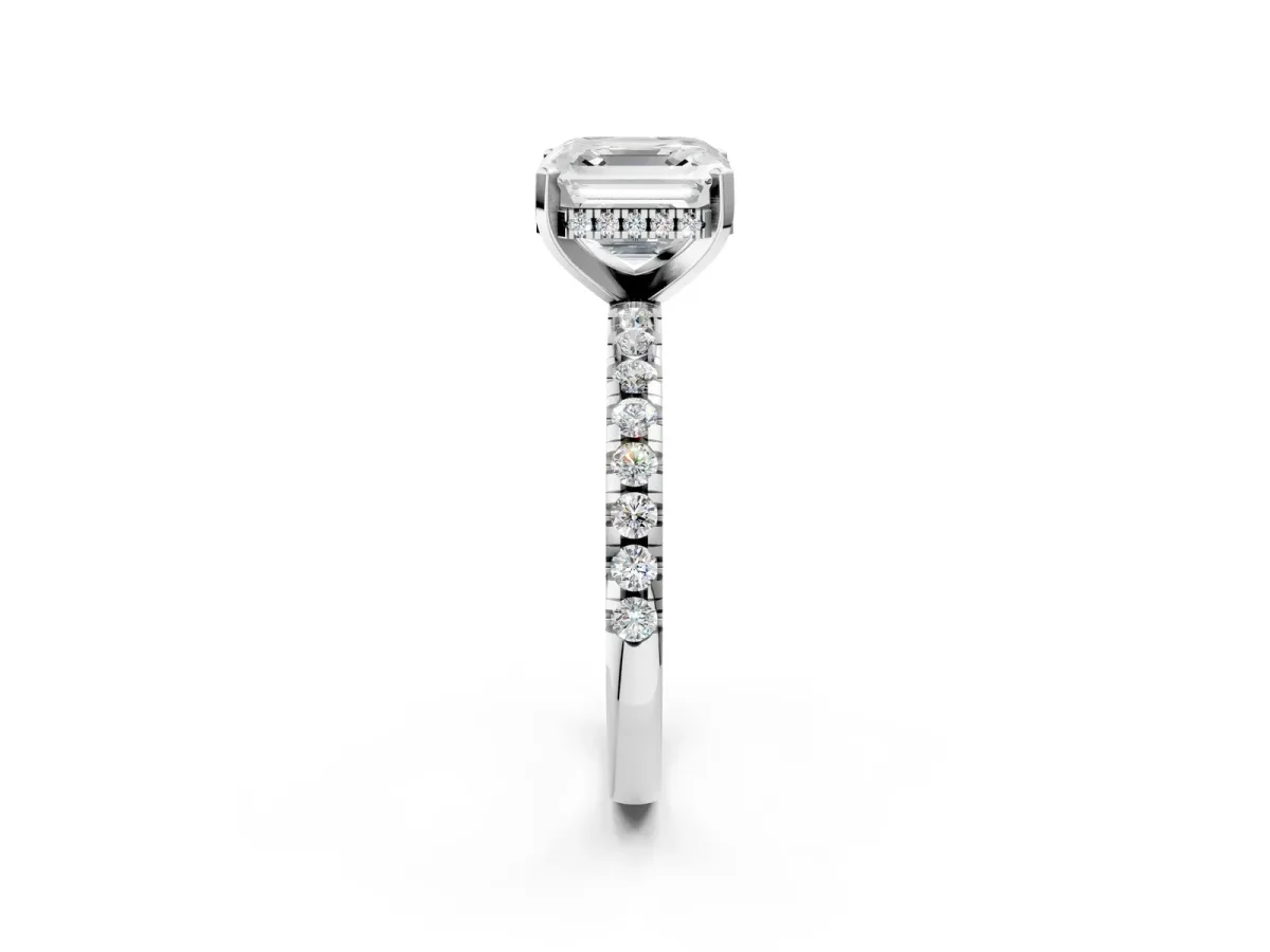 Asscher Cut Diamond Solitaire Ring with Round Pavé Band and Four-Prong Setting Platinum
