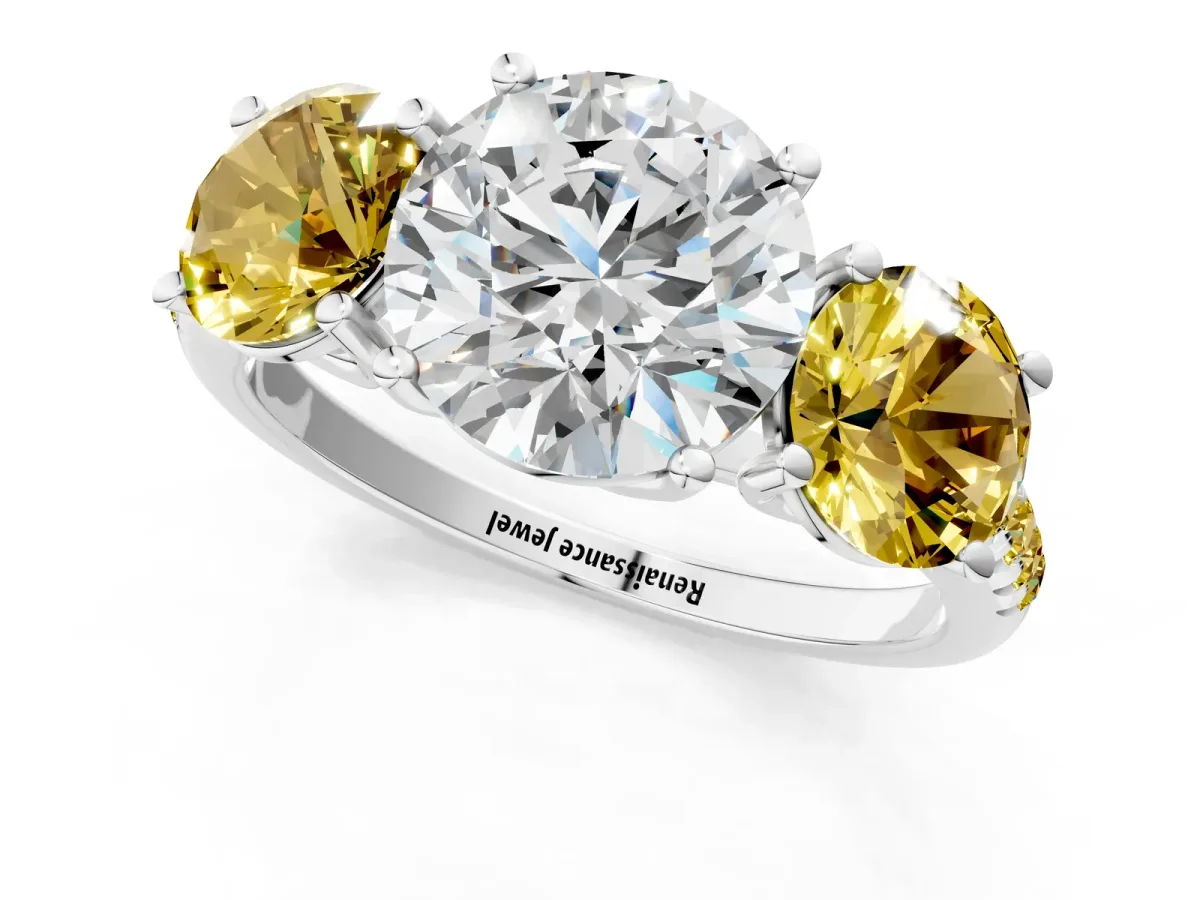 Three-Stone Round Cut Diamond Ring with Round Yellow Sapphire Pavé Band and Prong Setting White gold