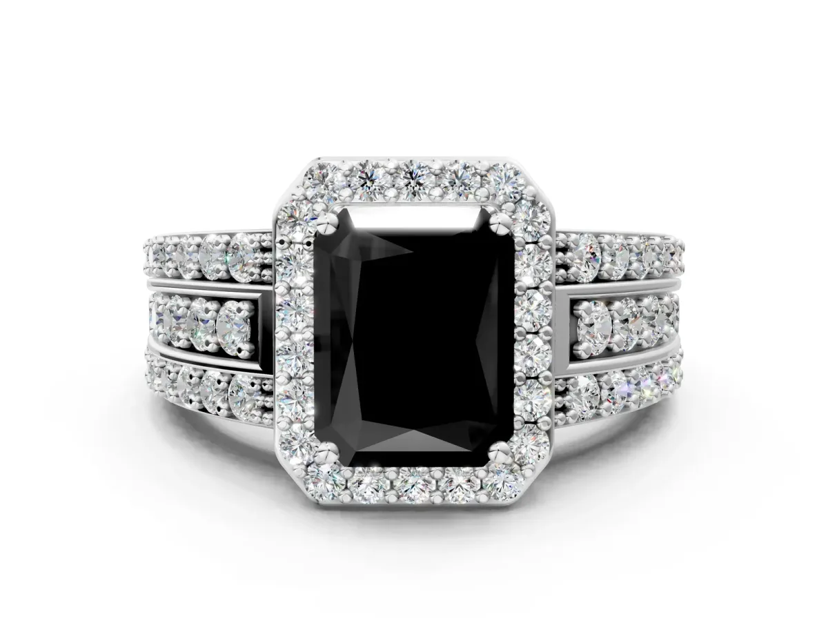 Fancy Black Radiant Cut Halo Diamond Ring with Round Split Shank and Prong Setting Platinum
