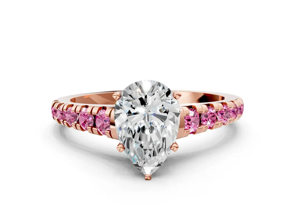 Pear Cut Diamond Cathedral Solitaire Ring with Round Pink Sapphire Pavé Band Rose gold