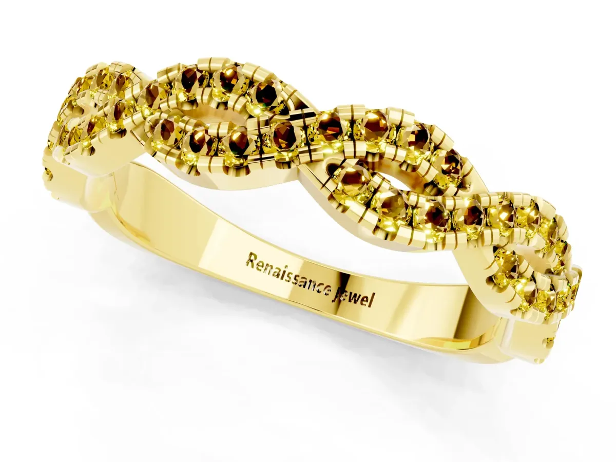 Round Yellow Sapphire Twisted Eternity Band with Pavé and Shared Prong Setting Yellow gold