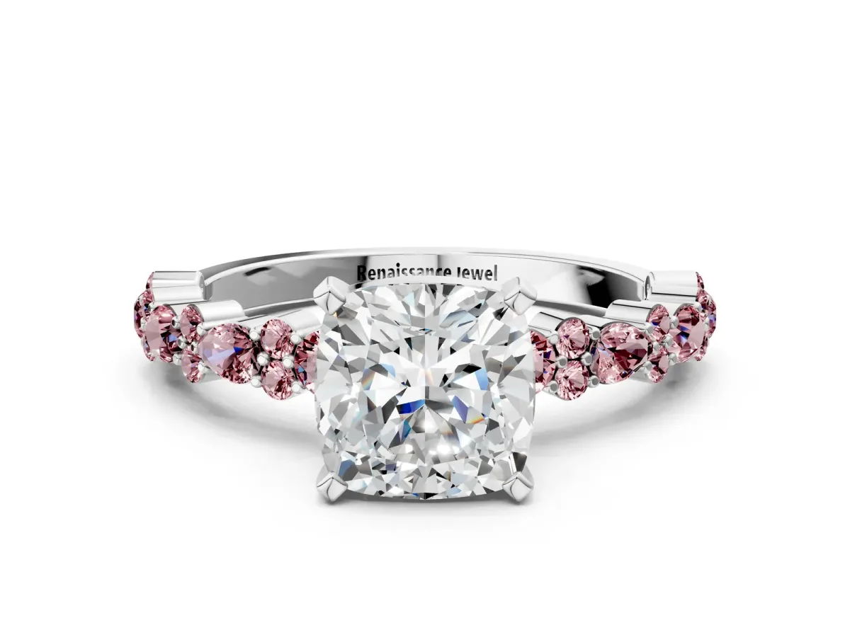 Cushion Cut Diamond Side Stone Solitaire Ring with Round Morganite and Four-Prong Setting Silver