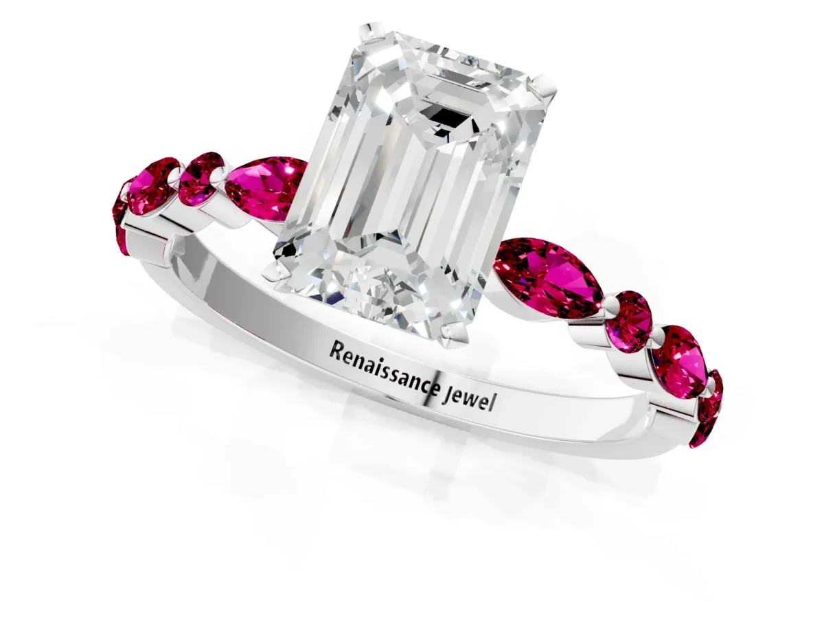 Emerald Cut Diamond Ring with Marquise and Round Garnet Side Stones and Four-Prong Setting Platinum
