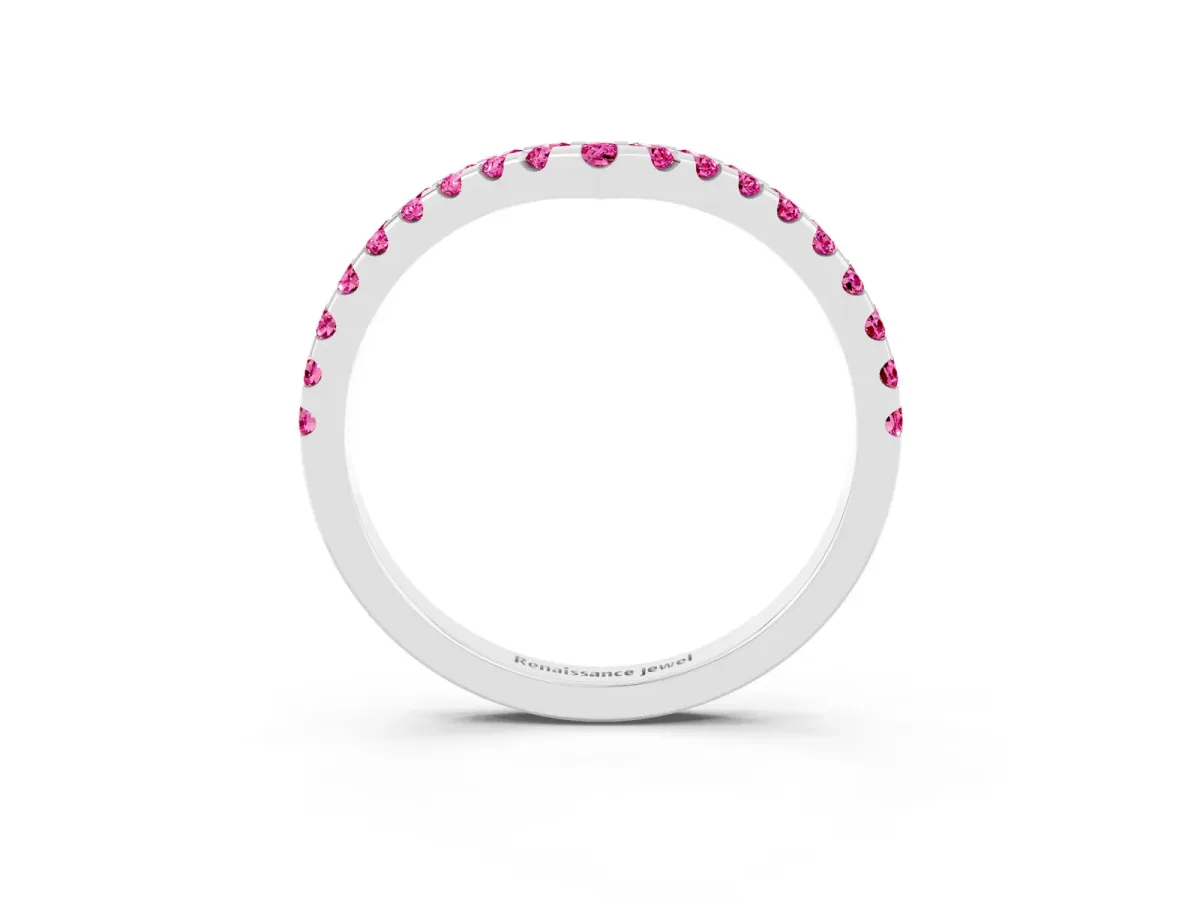 Pavé Round Pink Sapphire Chevron Band with Shared Prong Setting White gold