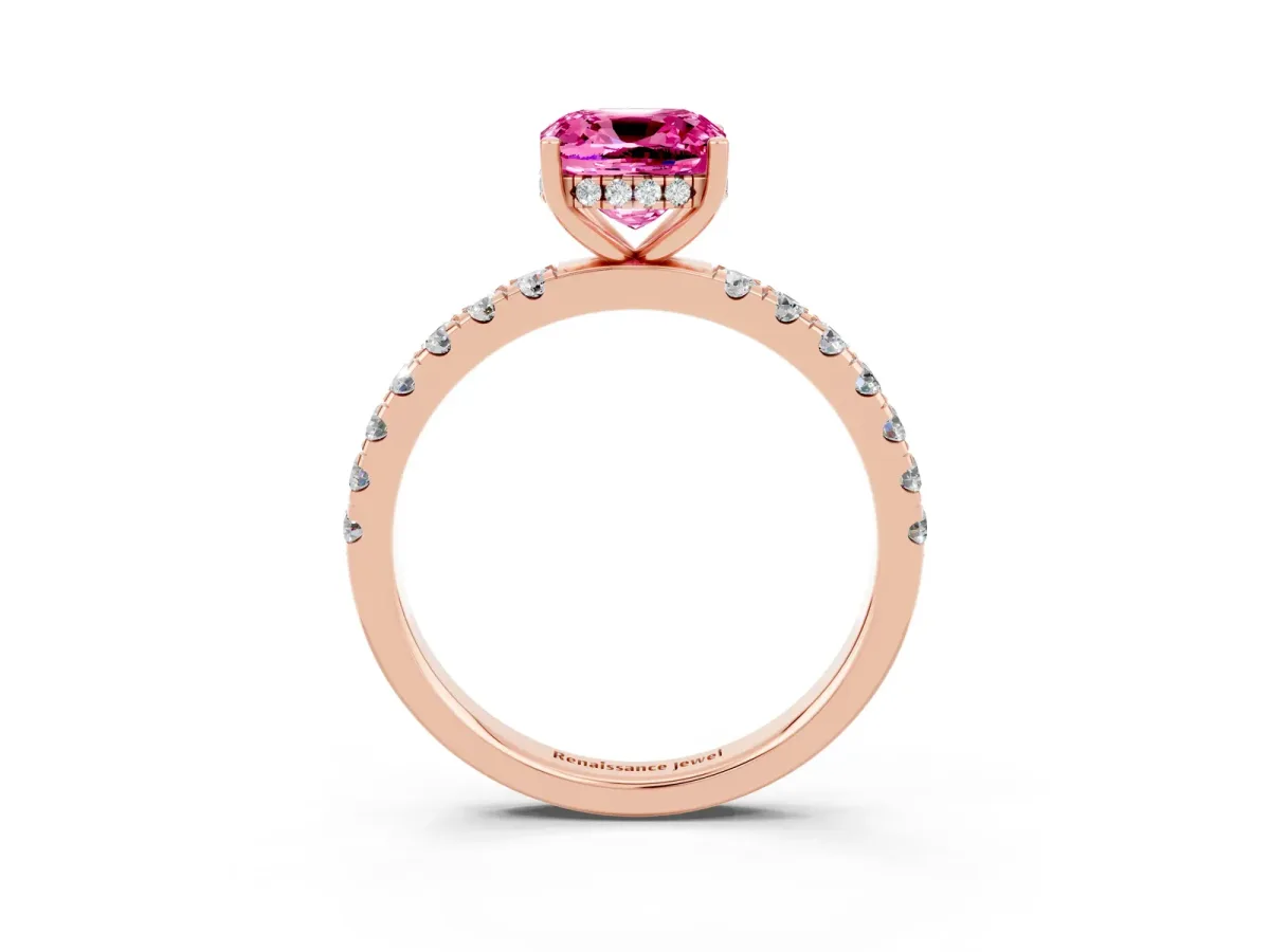 Cushion Cut Pink Sapphire Pave Band Solitaire Ring with Round and Prong Setting Rose gold