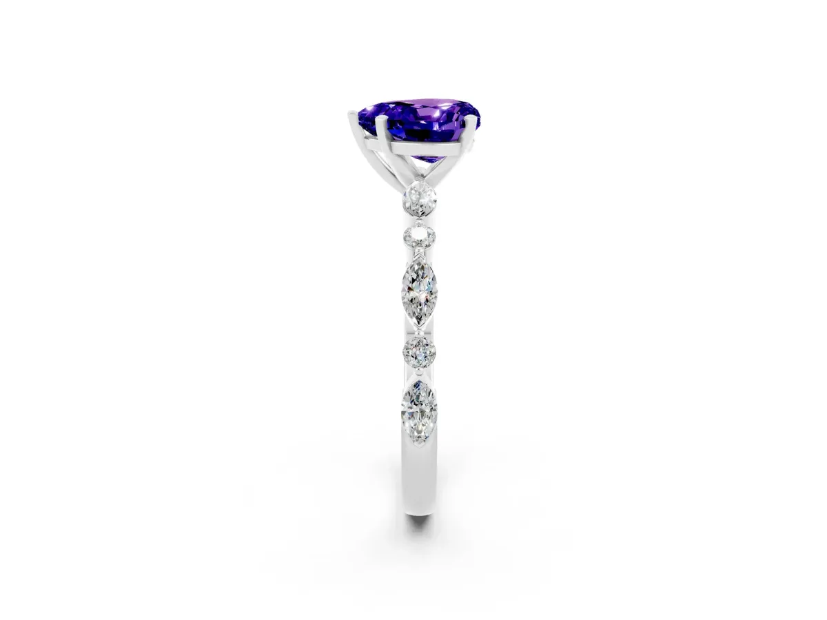 Heart Cut Tanzanite Ring with Marquise and Round Side Stones and Four-Prong Setting Silver