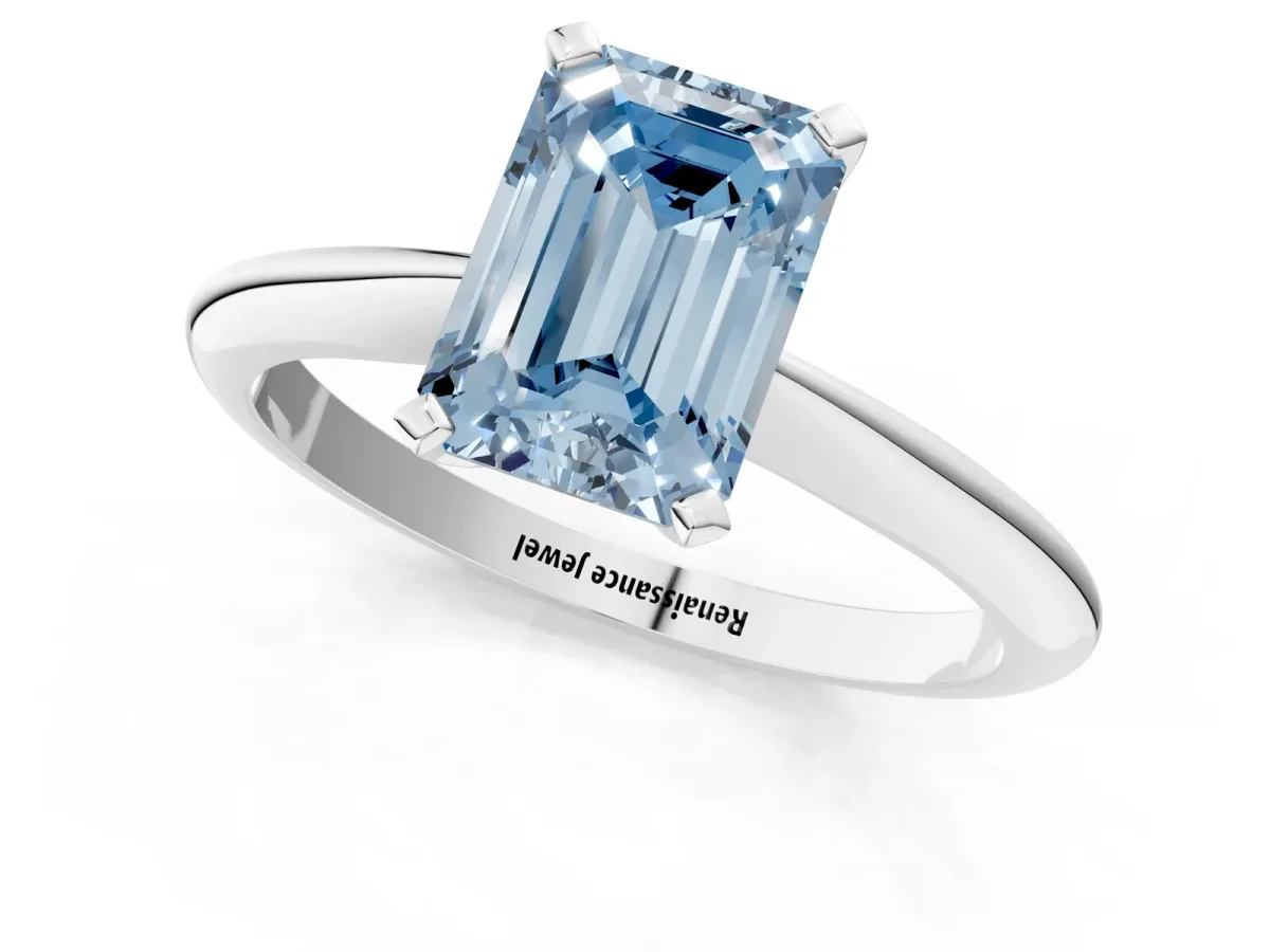 Fancy Blue Emerald Cut Diamond Solitaire Engagement Ring with Classic Band and Four-Prong Setting White gold