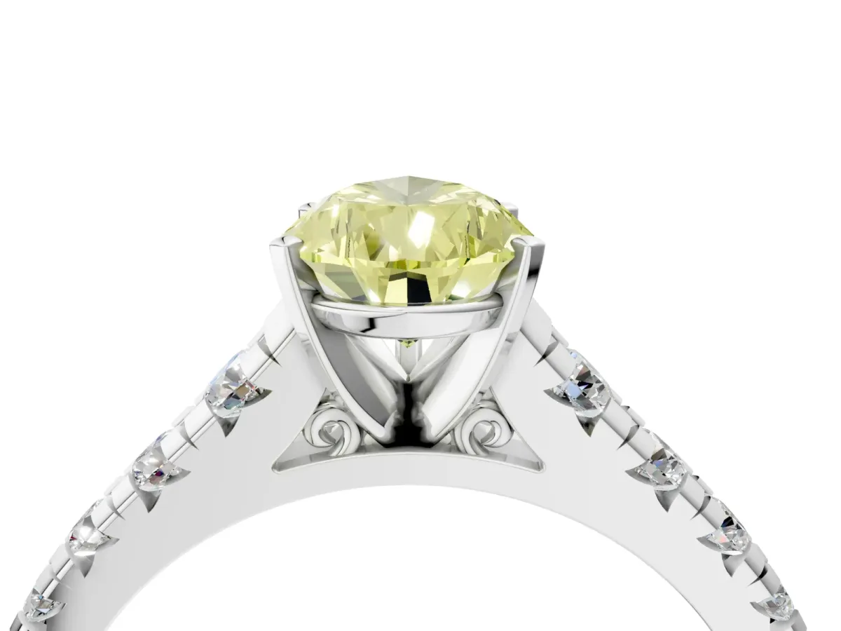 Fancy Yellow Pear Cut Diamond Cathedral Solitaire Ring with Round Pavé Band White gold