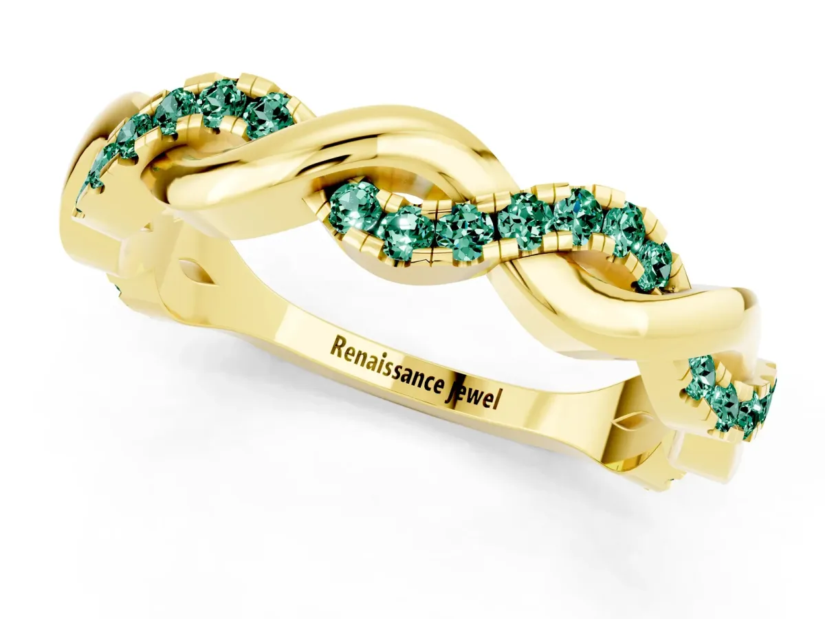 Pavé Round Green Sapphire Twist Eternity Band with Shared Prong Setting Yellow gold