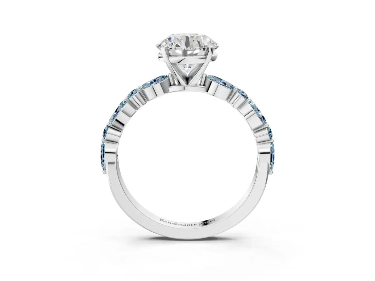 Round Cut Diamond Ring with Marquise and Round Aquamarine Side Stones and Four-Prong Setting Platinum