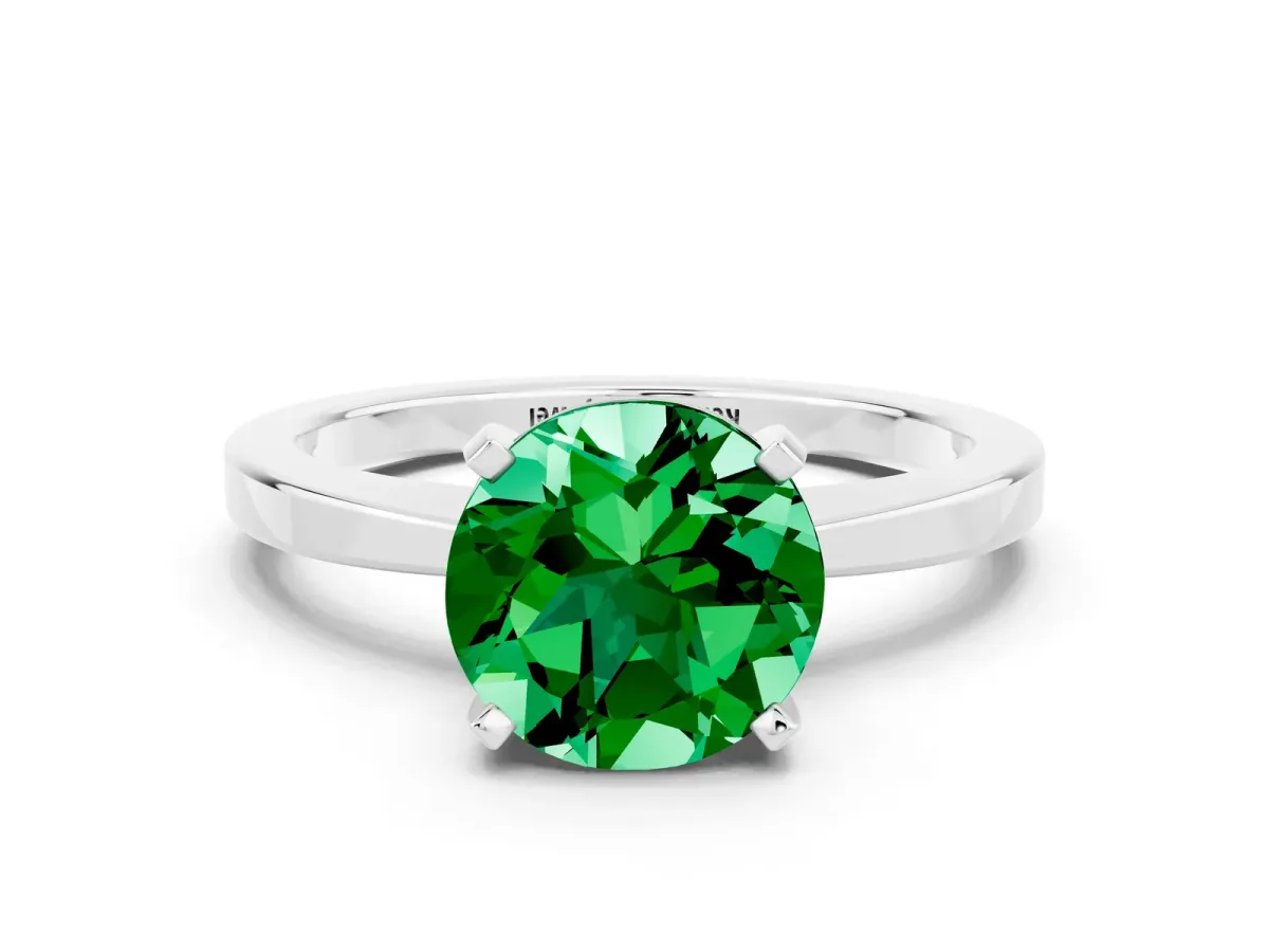 Round Cut Emerald Solitaire Engagement Ring with Classic Band and Four-Prong Setting Platinum
