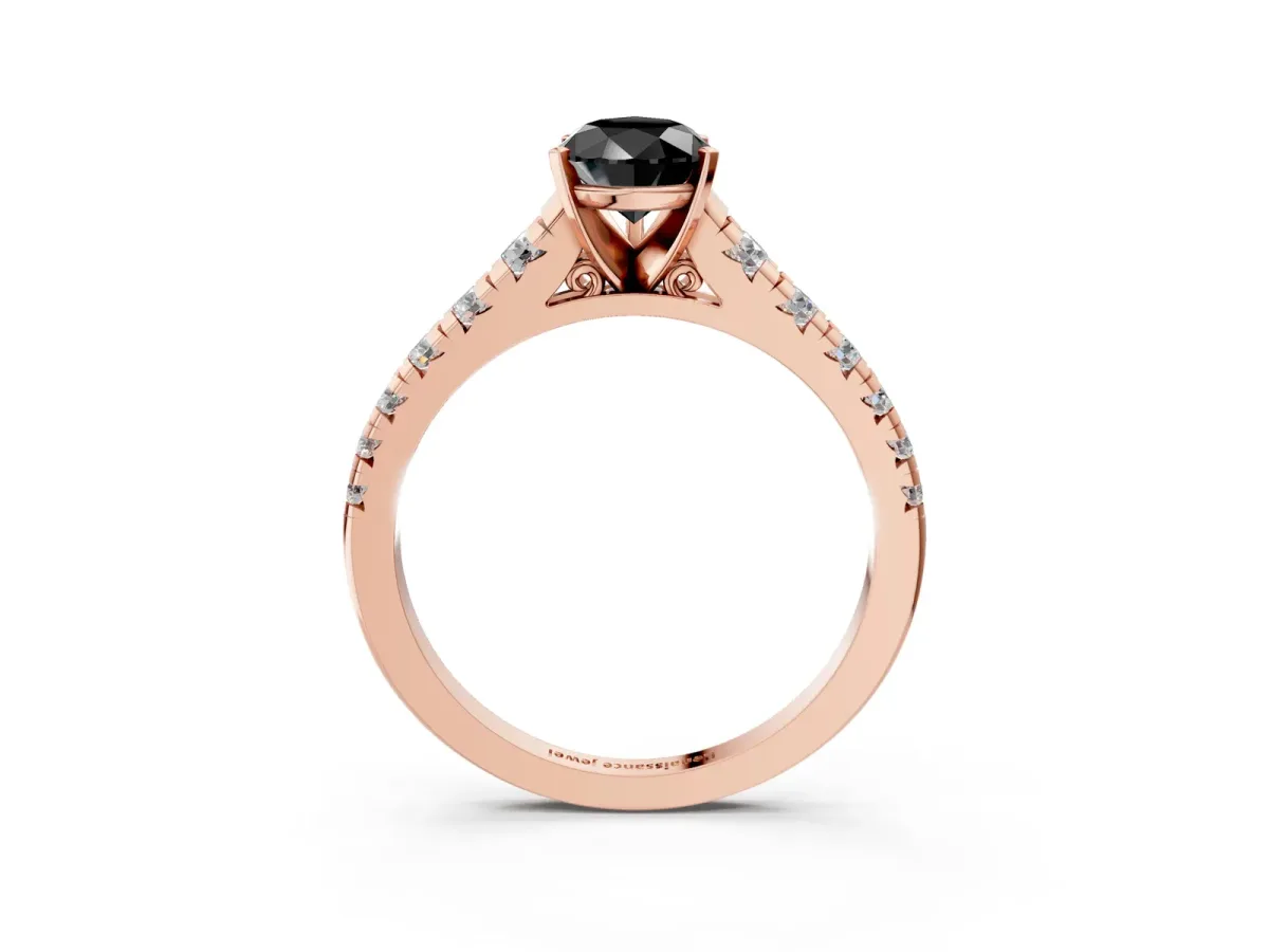 Fancy Black Pear Cut Diamond Cathedral Solitaire Ring with Round Pavé Band Rose gold