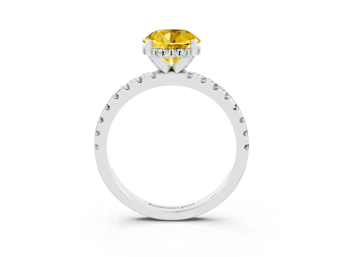 Round Cut Yellow Sapphire Solitaire Ring with Round Pavé Band and Four-Prong Setting Platinum