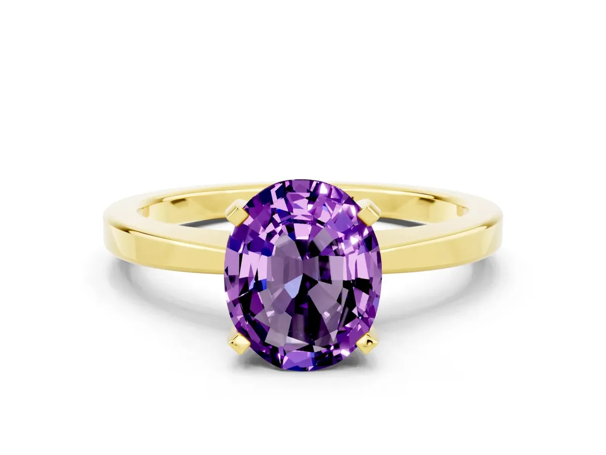 Oval Cut Amethyst Solitaire Engagement Ring with Classic Band and Four-Prong Setting Yellow gold