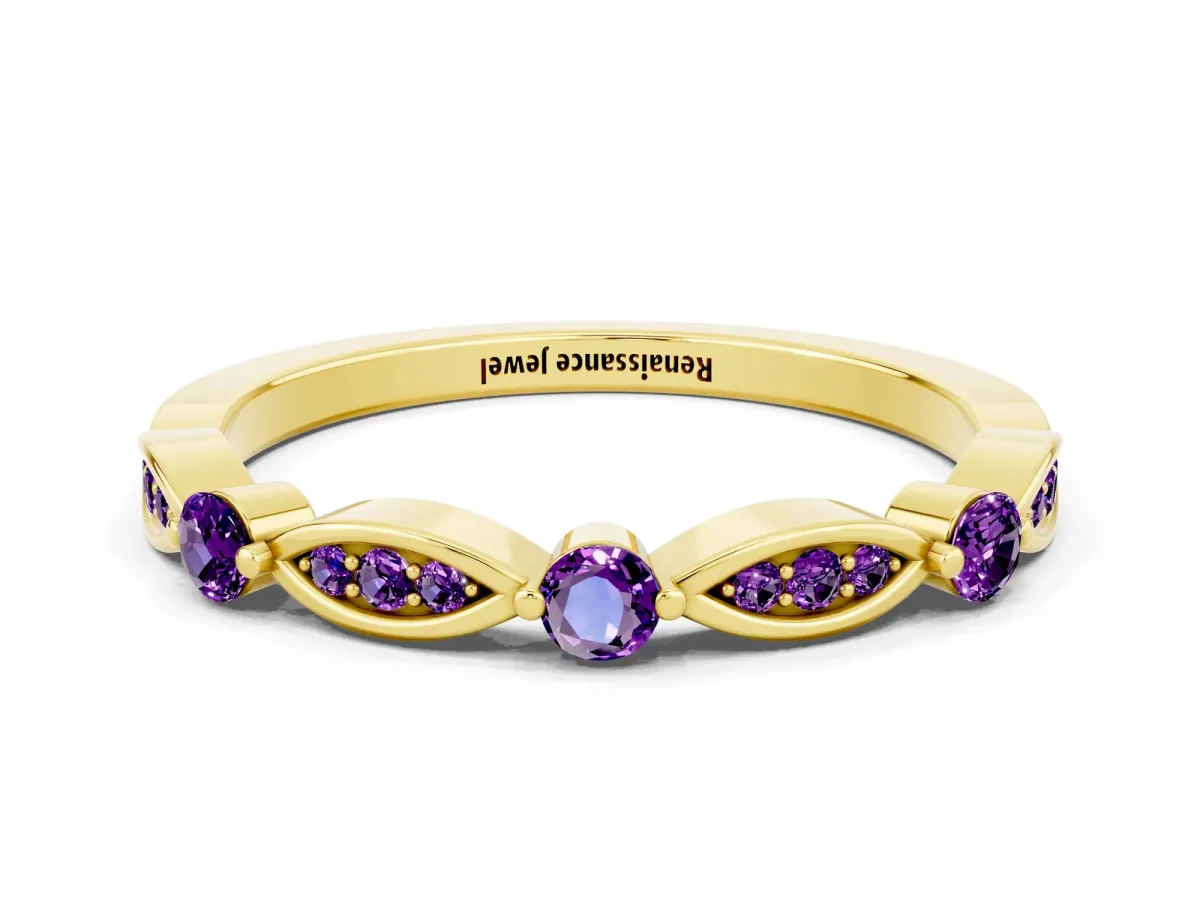 Marquise and Round Amethyst Milgrain Band with Bezel Setting Yellow gold