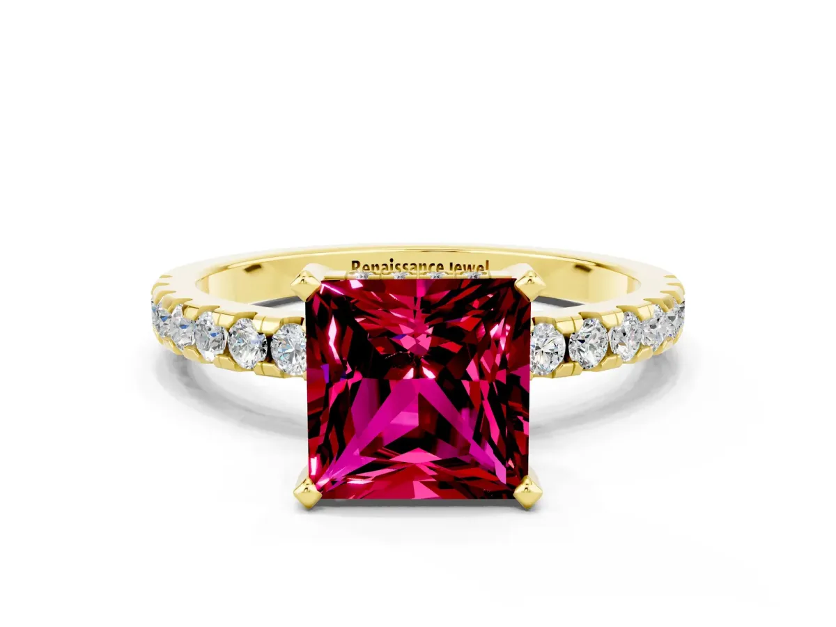 Princess Cut Garnet Solitaire Ring with Round Pavé Band and Four-Prong Setting Yellow gold