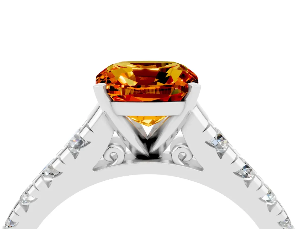 Cushion Cut Citrine Cathedral Solitaire Ring with Round Pavé Band Platinum