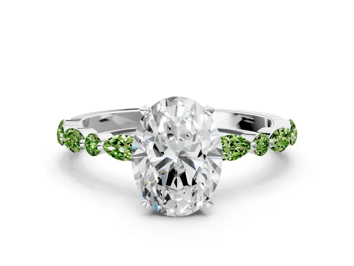 Oval Cut Diamond Ring with Marquise and Round Peridot Side Stones and Four-Prong Setting Silver