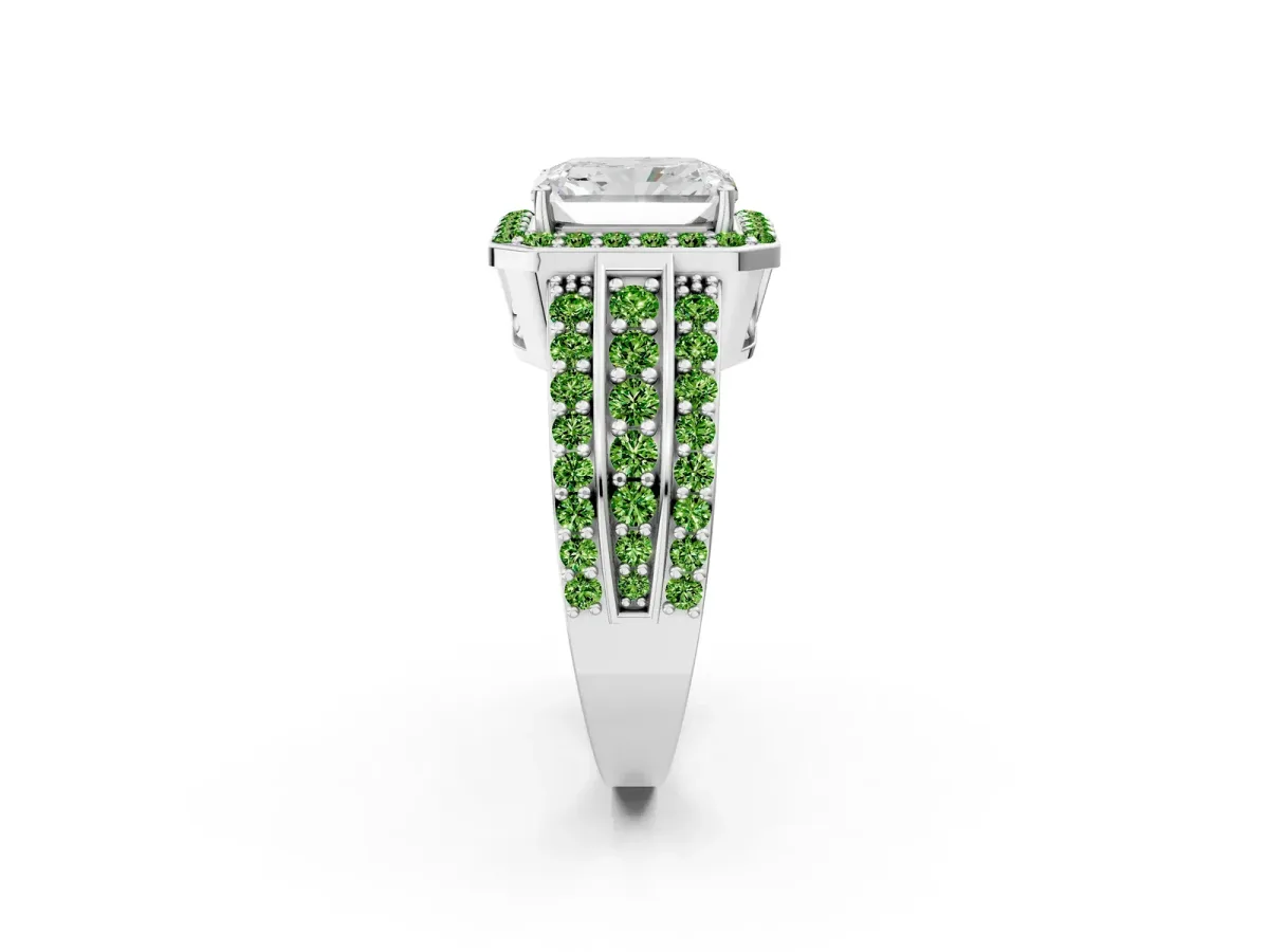 Radiant Cut Halo Diamond Ring with Round Peridot Split Shank and Prong Setting Silver