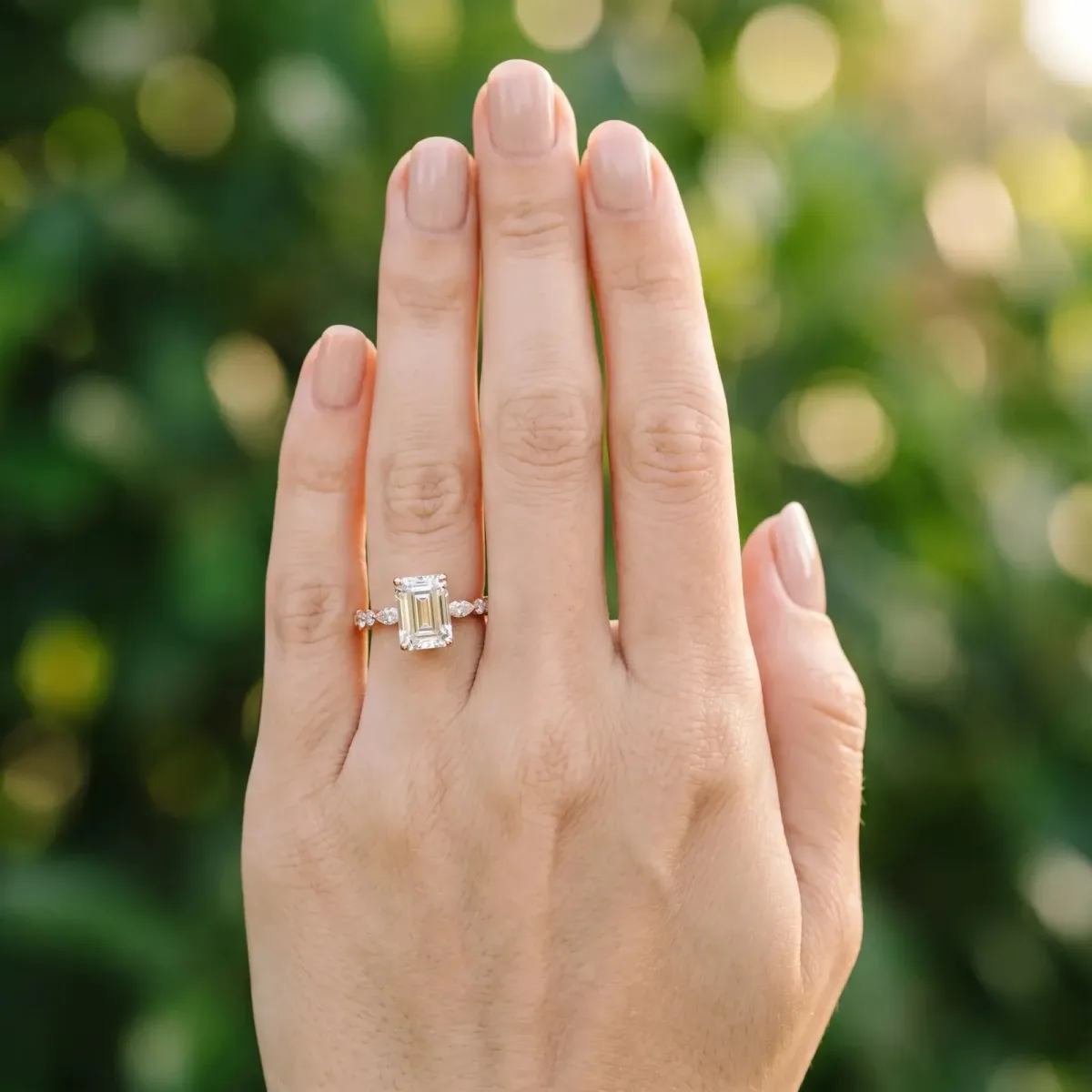 Emerald Cut Diamond Ring with Marquise and Round Side Stones and Four-Prong Setting Rose gold