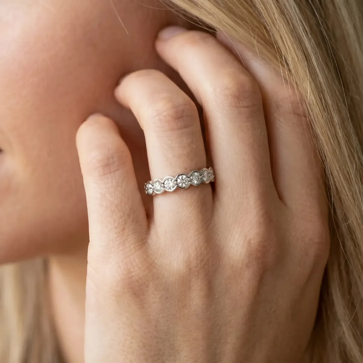 Round Diamond Bezel Set Eternity Band Silver