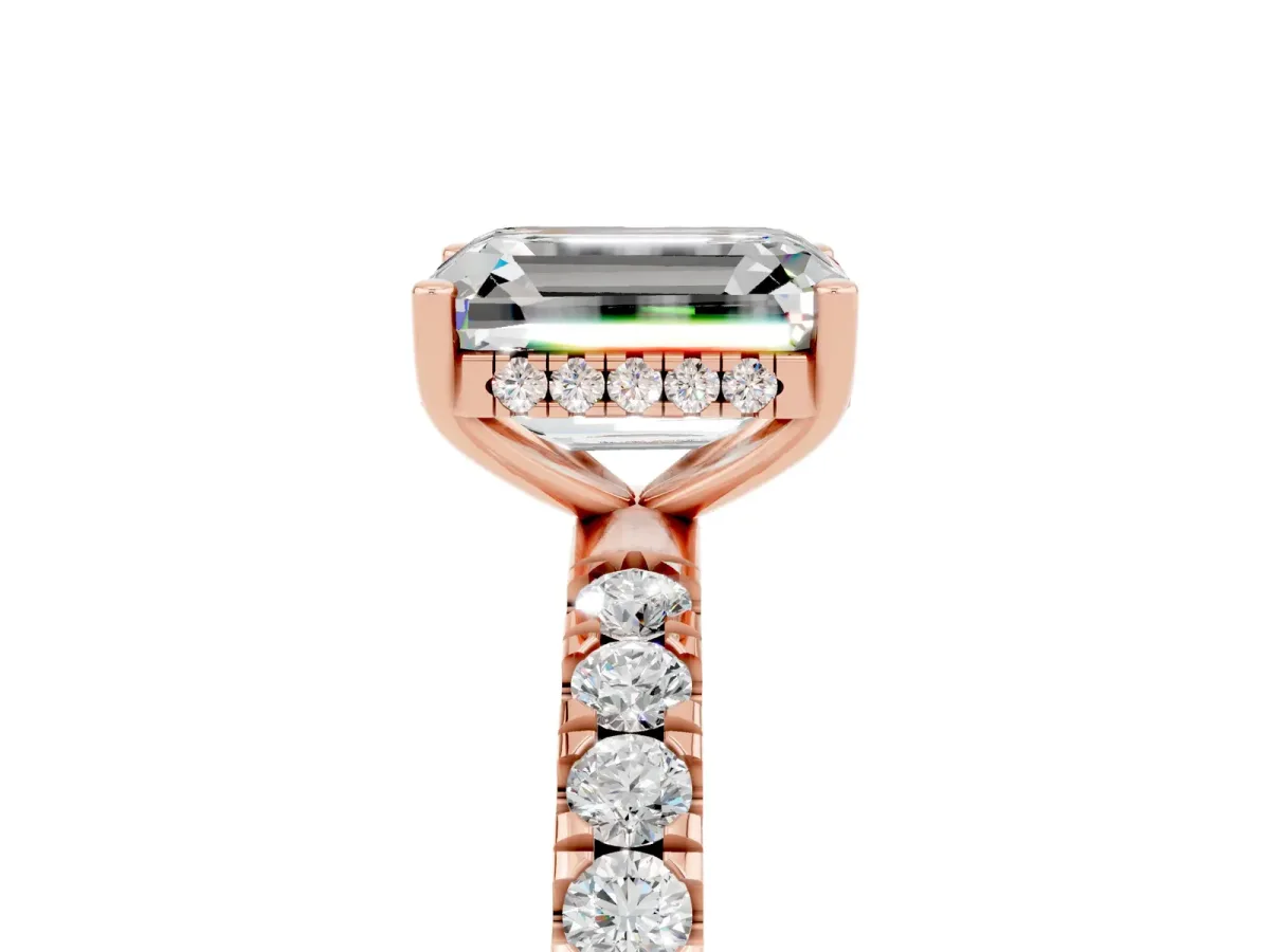 Emerald Cut Moissanite Pave Band Solitaire Ring with Round and Prong Setting Rose gold