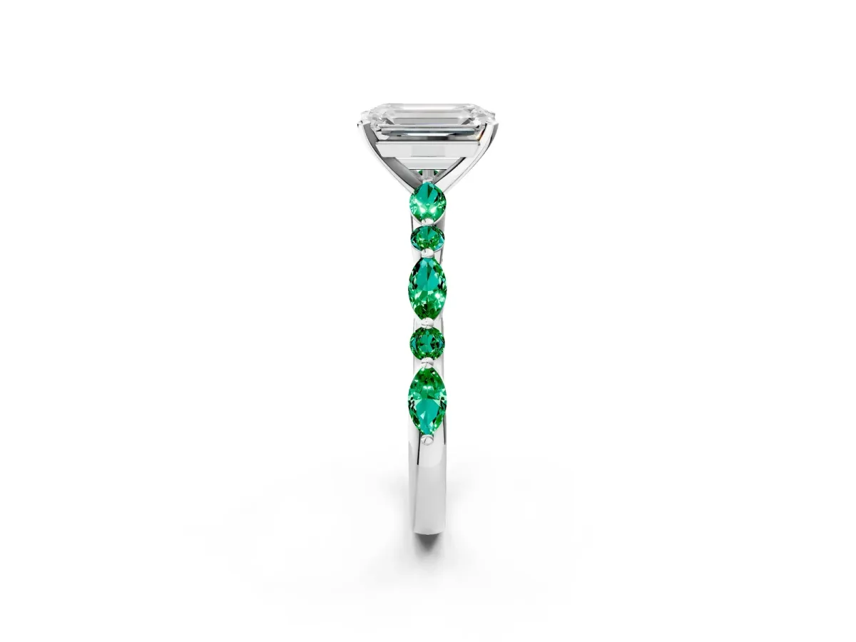 Emerald Cut Diamond Ring with Marquise and Round Emerald Side Stones and Four-Prong Setting Silver