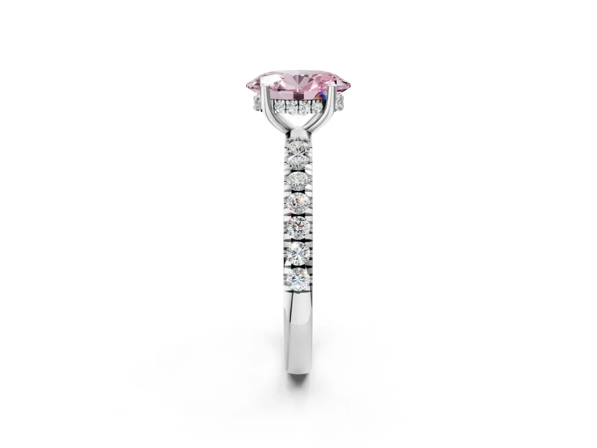 Fancy Pink Oval Cut Diamond Pave Band Solitaire Ring with Round and Prong Setting Platinum