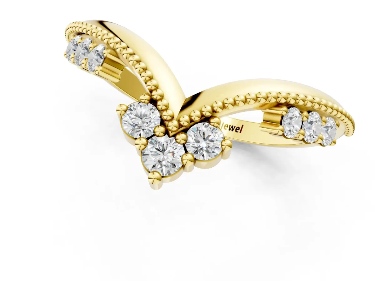 Diamond Chevron Milgrain Band with Round Cut Stones and Prong Setting Yellow gold