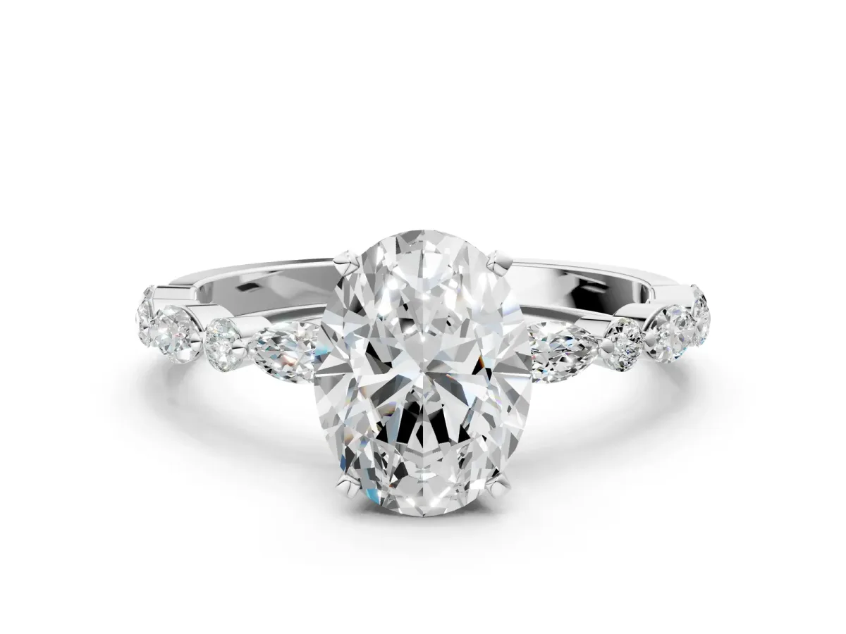 Oval Cut Diamond Ring with Marquise and Round Moissanite Side Stones and Four-Prong Setting Silver