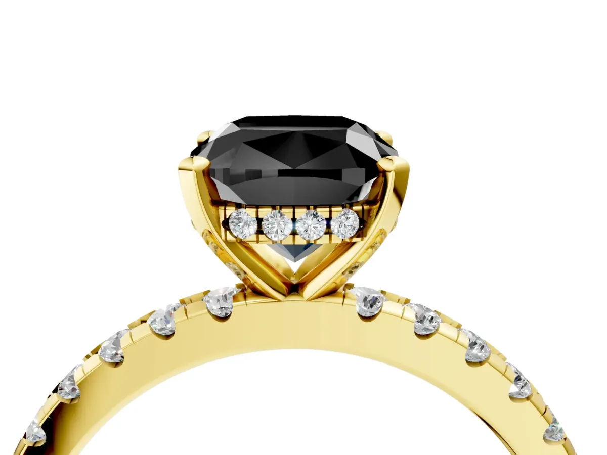 Fancy Black Cushion Cut Diamond Solitaire Ring with Round Pavé Band and Four-Prong Setting Yellow gold